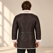 Back model view of the Hawthorne Men's Brown Double-Breasted Sheepskin Coat