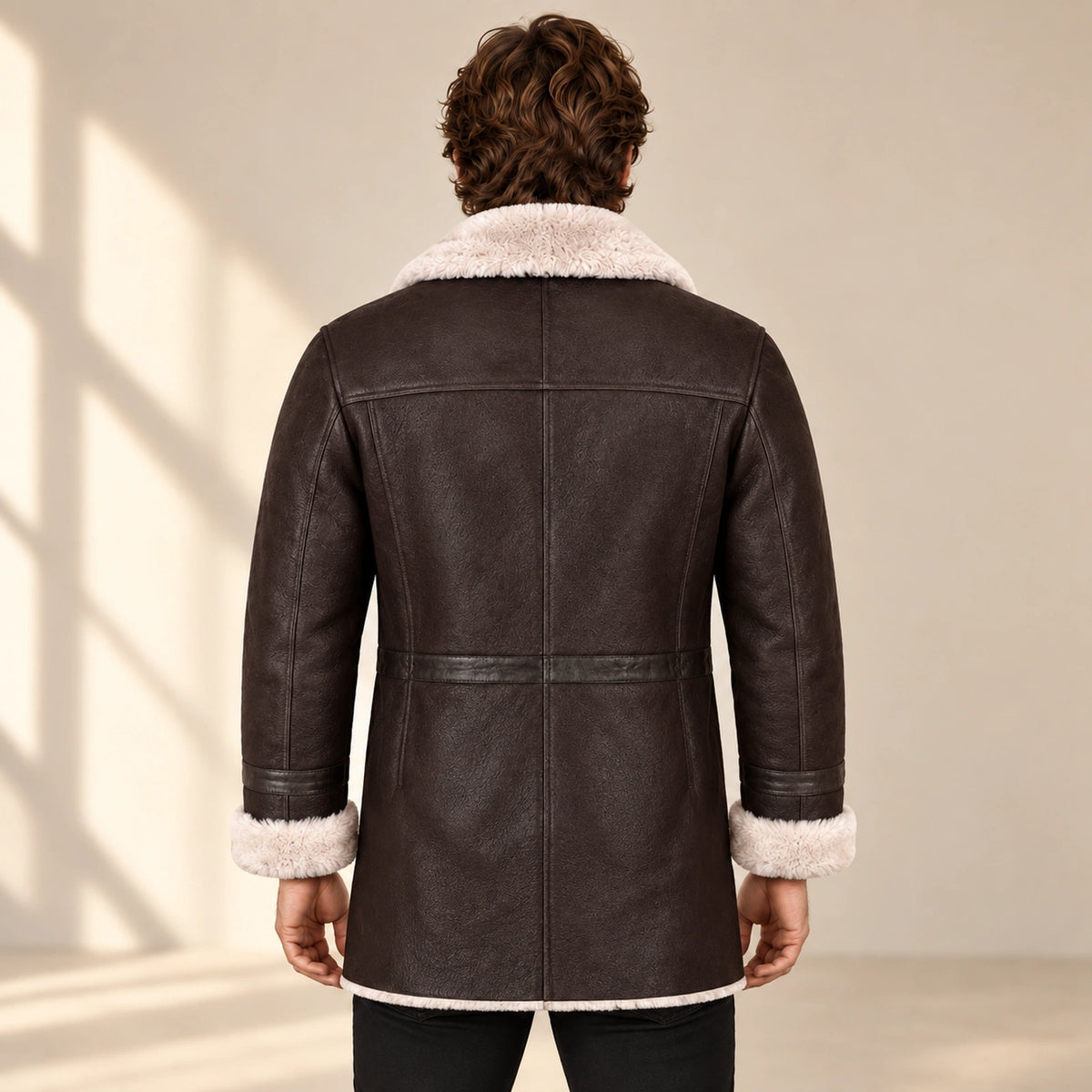 Back model view of the Hawthorne Men's Brown Double-Breasted Sheepskin Coat