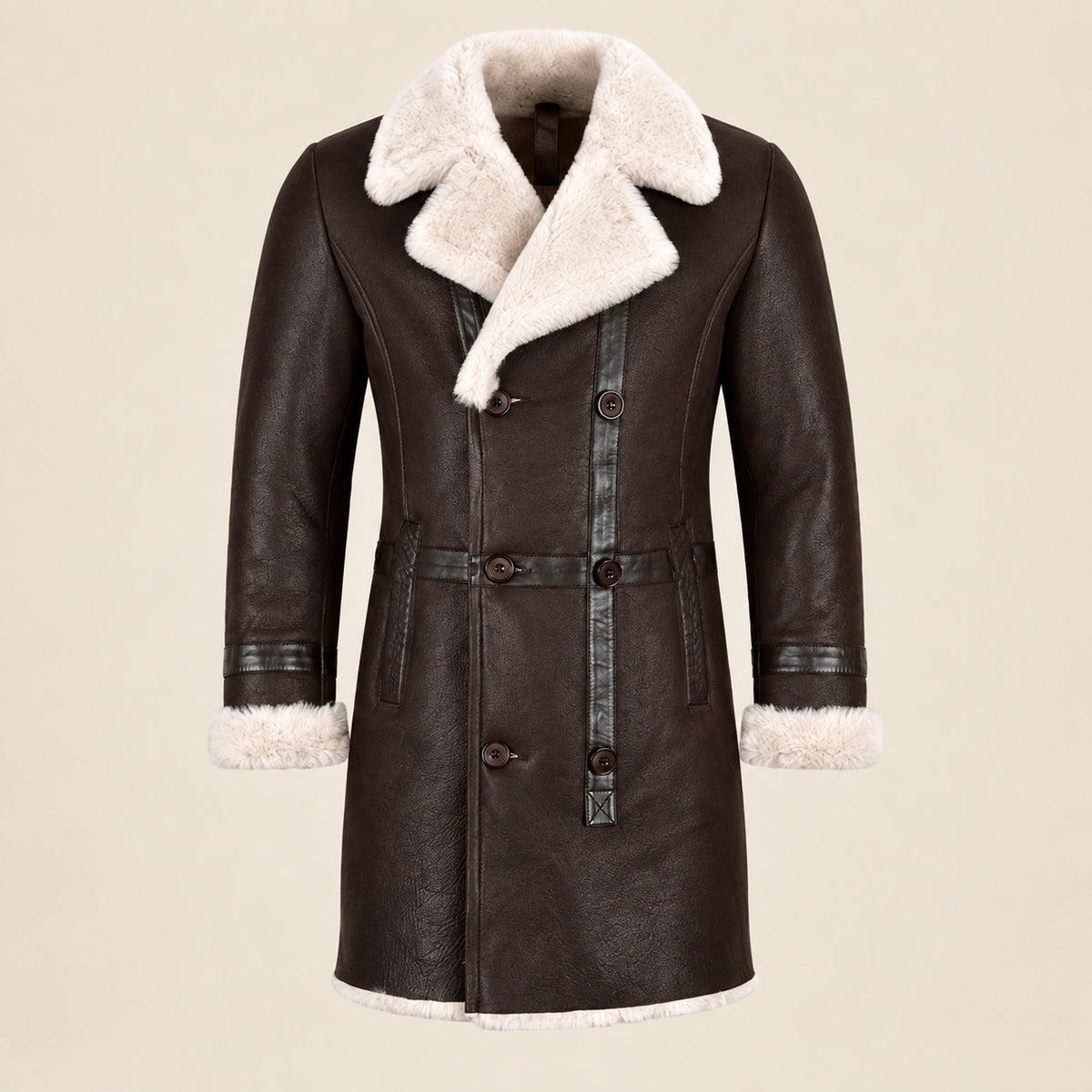 Front product view of the Hawthorne Men's Brown Double-Breasted Sheepskin Coat