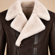 Leather grain and shearling close-up of the Hawthorne Men's Brown Double-Breasted Sheepskin Coat
