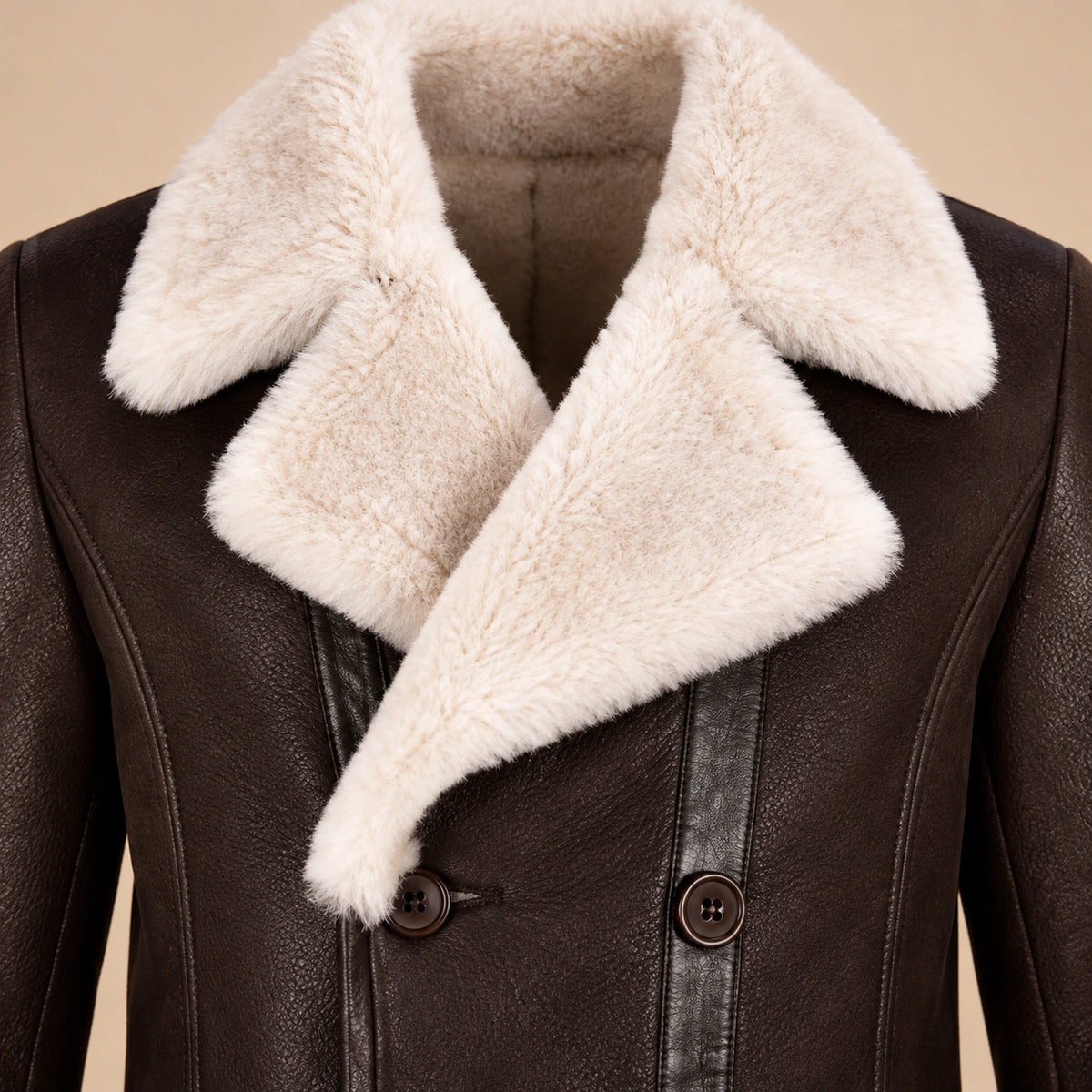 Leather grain and shearling close-up of the Hawthorne Men's Brown Double-Breasted Sheepskin Coat