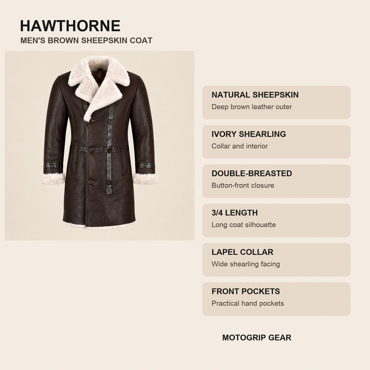 Key design features of the Hawthorne Men's Brown Double-Breasted Sheepskin Coat