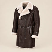 Three-quarter product view of the Hawthorne Men's Brown Double-Breasted Sheepskin Coat