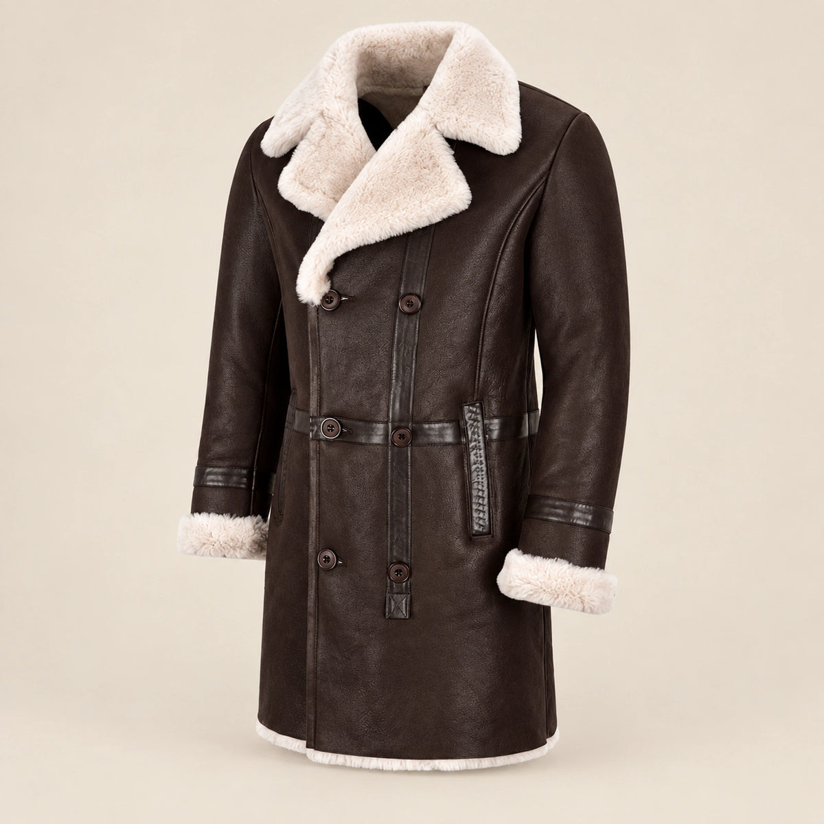 Three-quarter product view of the Hawthorne Men's Brown Double-Breasted Sheepskin Coat