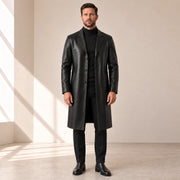 Idris men's black long leather coat, front view on model