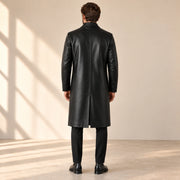 Idris men's black long leather coat, back view on model