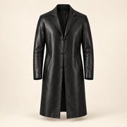 Idris men's black long leather coat, isolated product front