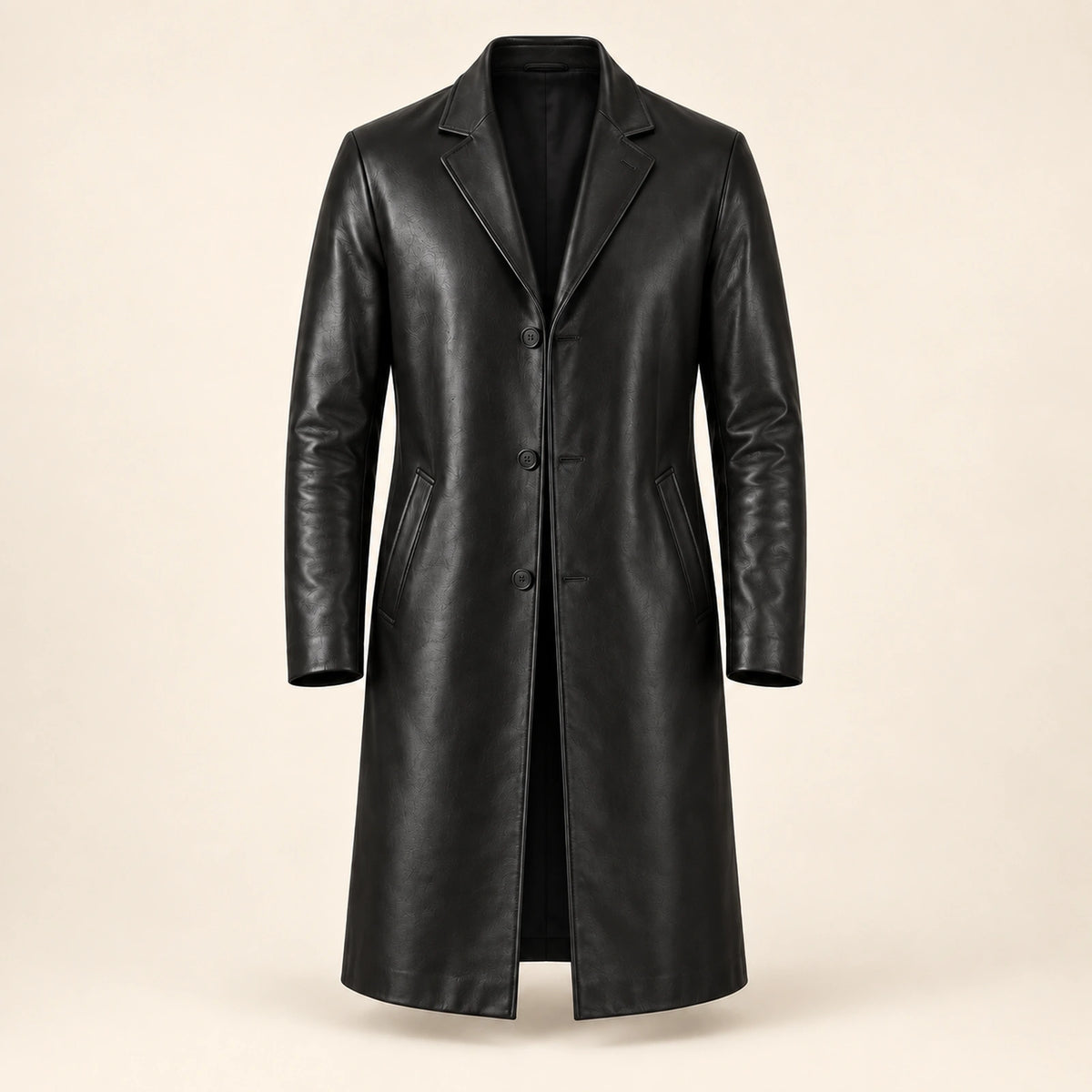 Idris men's black long leather coat, isolated product front