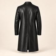 Idris men's black long leather coat, isolated product back