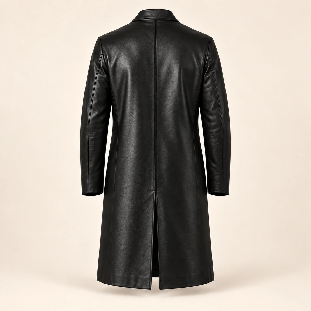 Idris men's black long leather coat, isolated product back