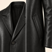Idris men's black long leather coat, notch lapel and welt pocket close-up