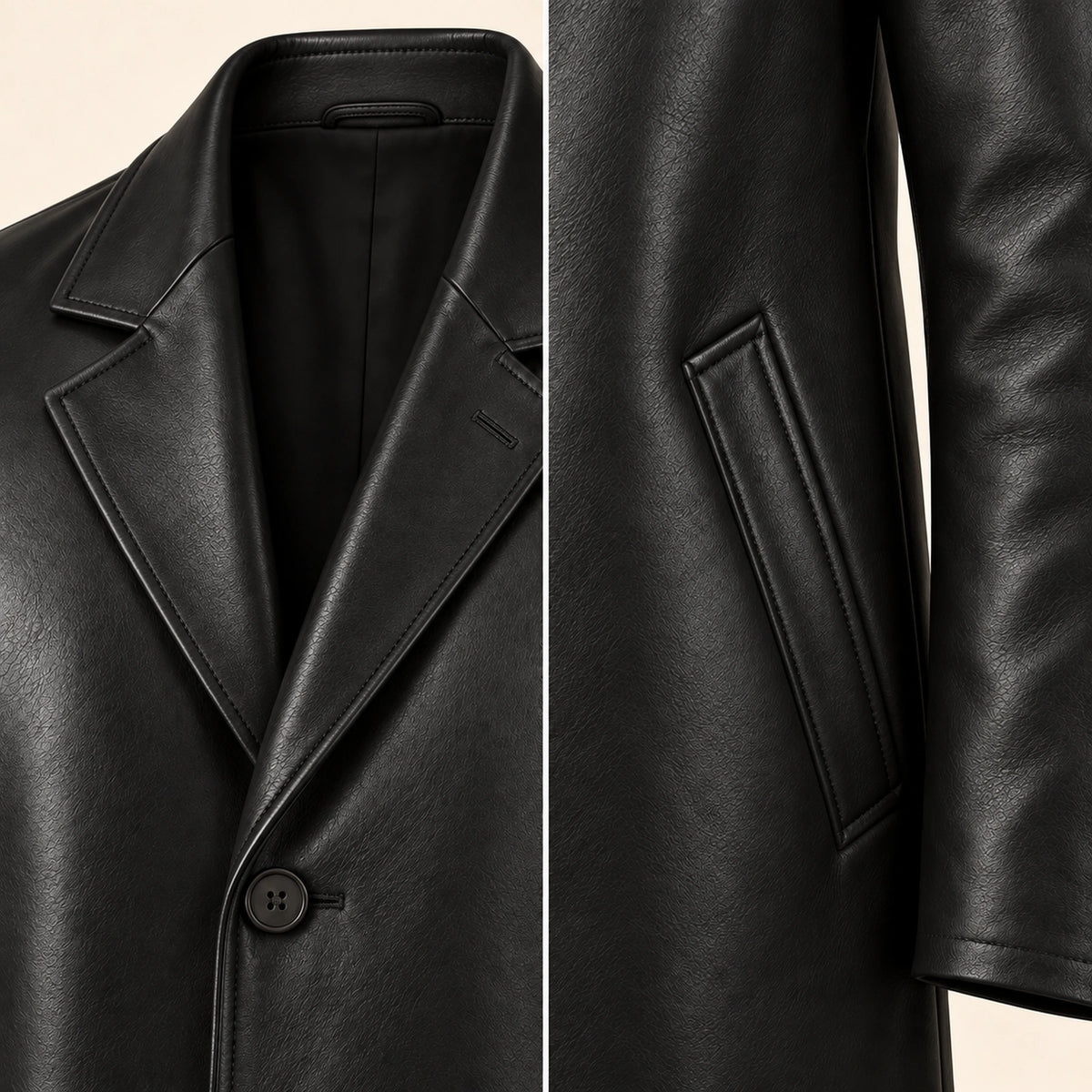 Idris men's black long leather coat, notch lapel and welt pocket close-up