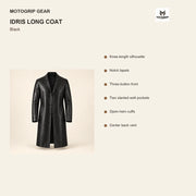 Idris men's black long leather coat, illustrated key construction features