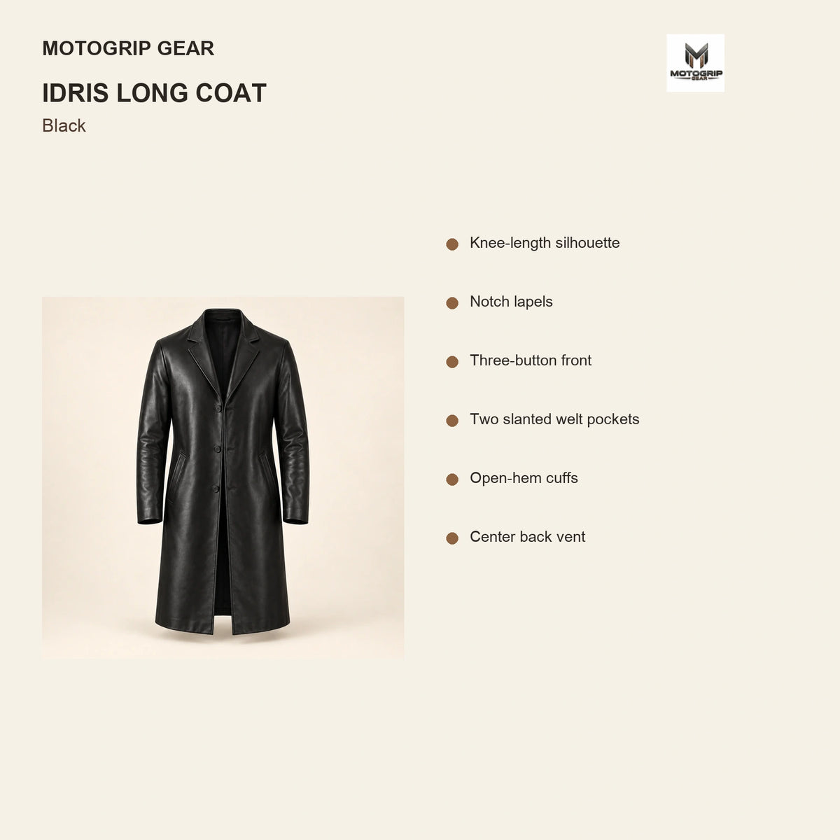 Idris men's black long leather coat, illustrated key construction features