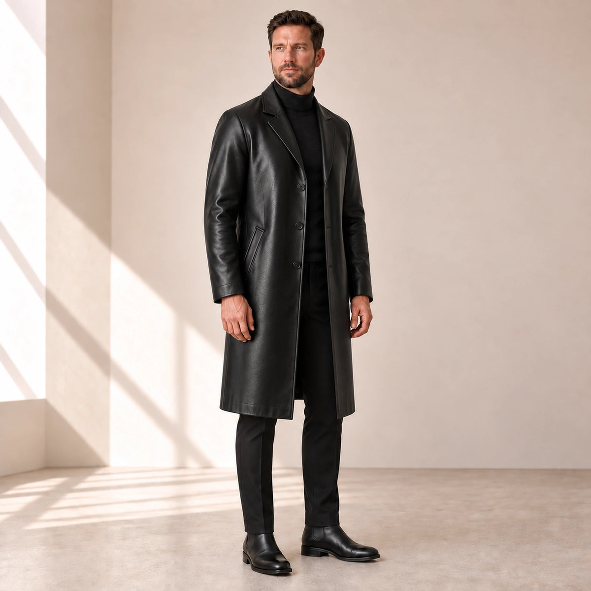 Idris men's black long leather coat, left three-quarter view on model