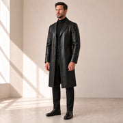 Idris men's black long leather coat, right three-quarter view on model