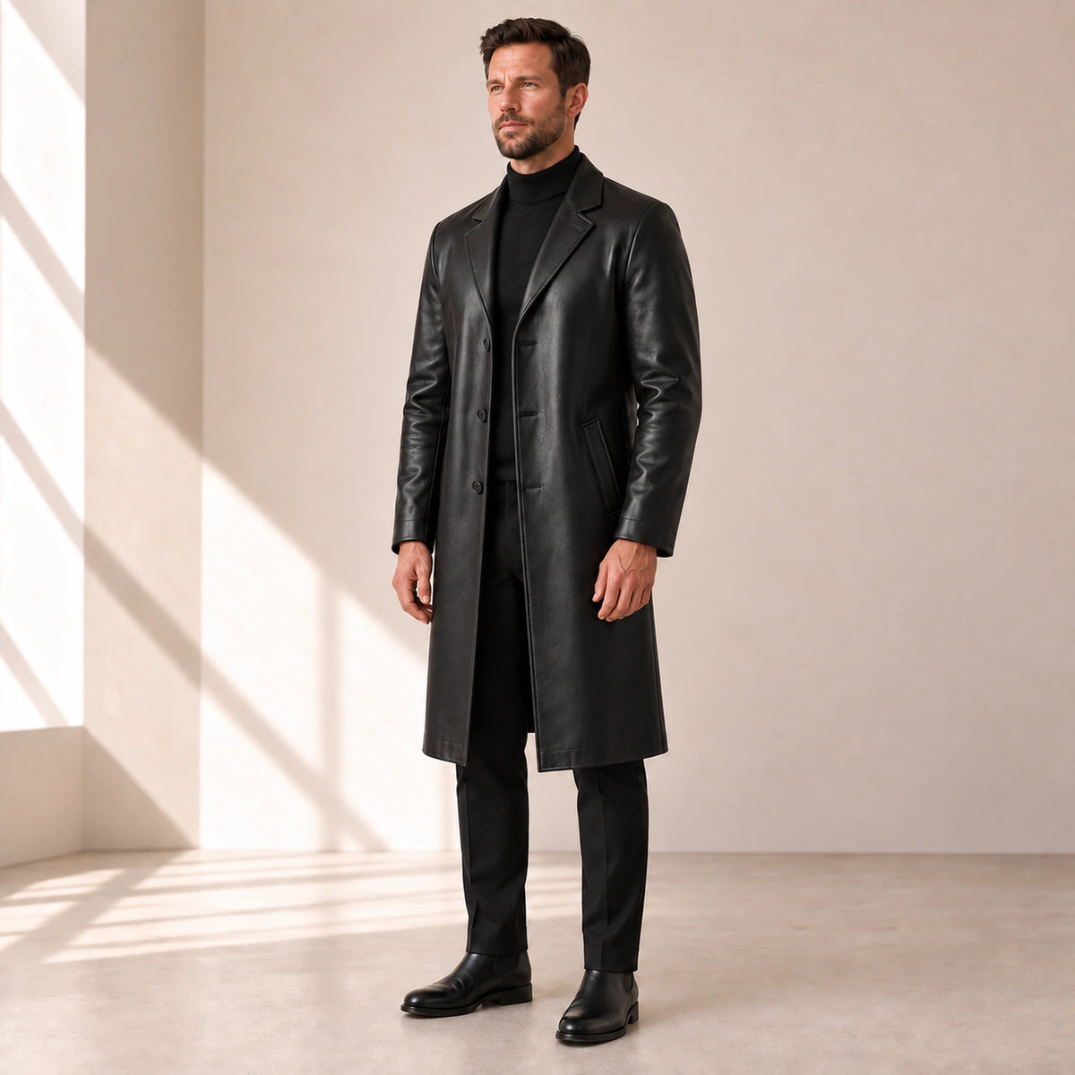 Idris men's black long leather coat, right three-quarter view on model