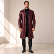 Idris men's burgundy long leather coat, front view on model