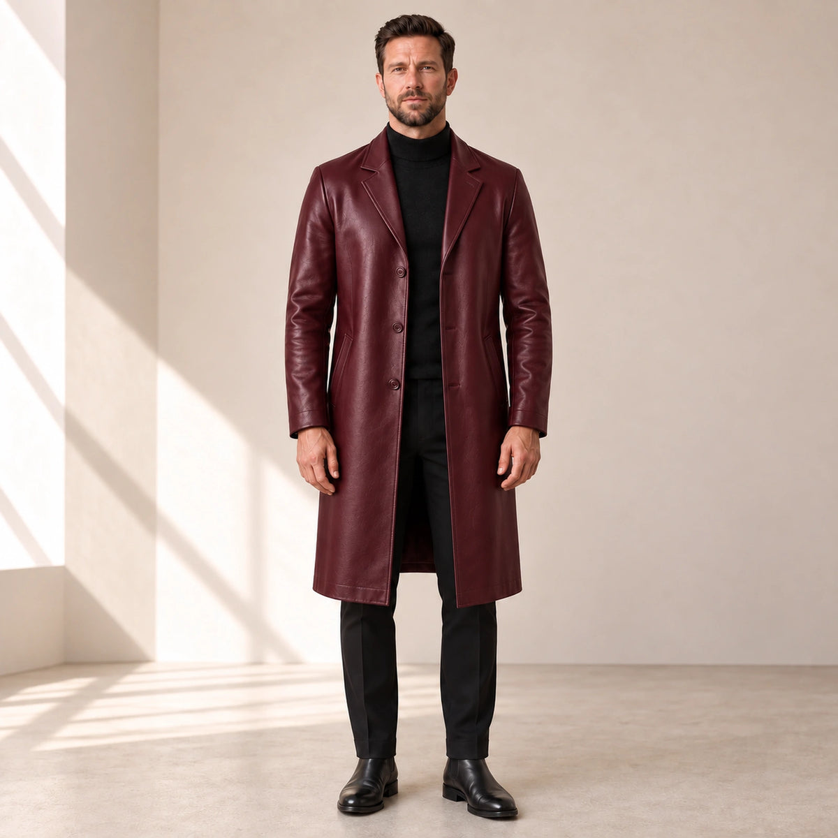 Idris men's burgundy long leather coat, front view on model