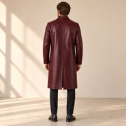Idris men's burgundy long leather coat, back view on model