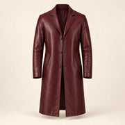 Idris men's burgundy long leather coat, isolated product front
