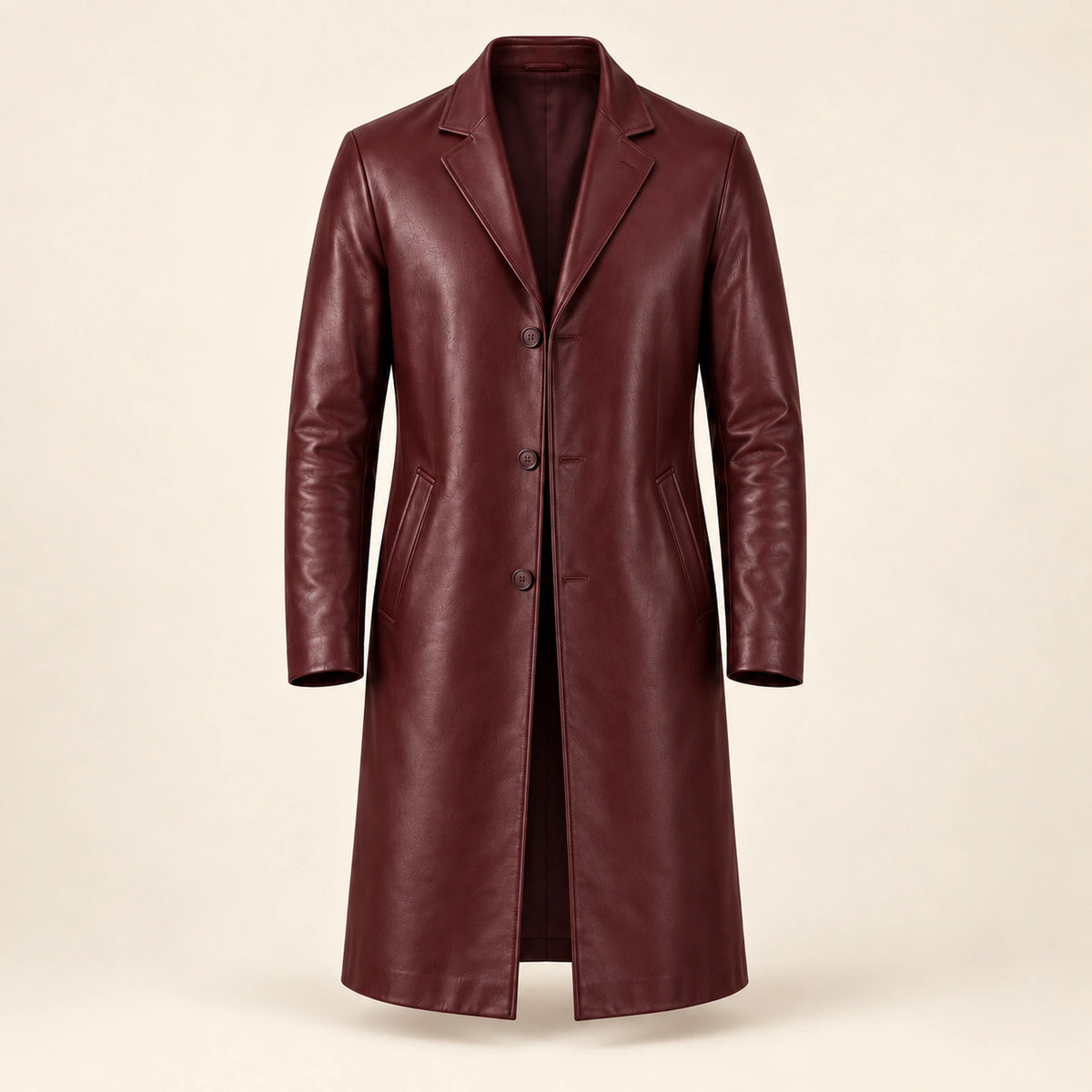 Idris men's burgundy long leather coat, isolated product front
