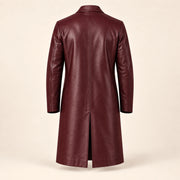Idris men's burgundy long leather coat, isolated product back