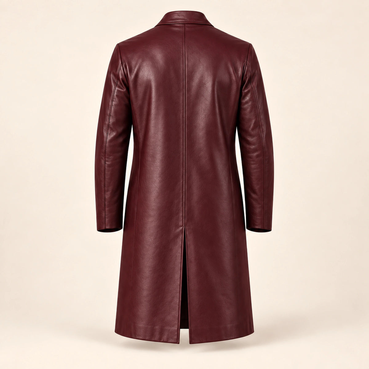 Idris men's burgundy long leather coat, isolated product back