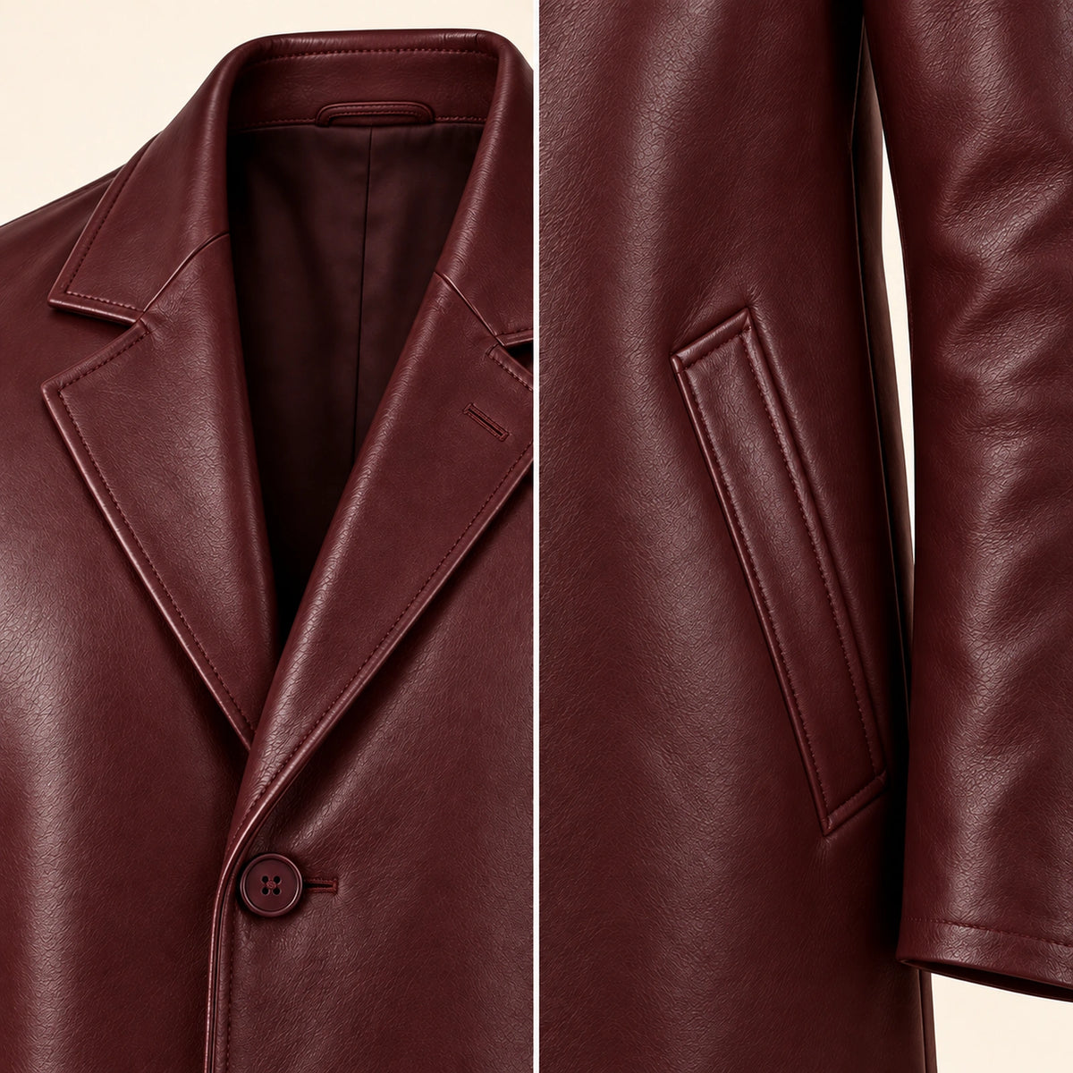 Idris men's burgundy long leather coat, notch lapel and welt pocket close-up