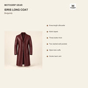 Idris men's burgundy long leather coat, illustrated key construction features