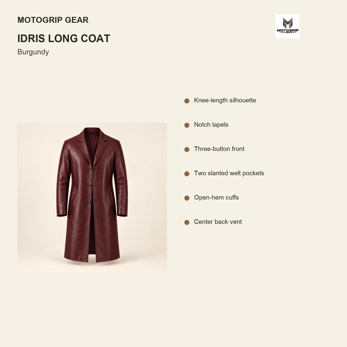 Idris men's burgundy long leather coat, illustrated key construction features