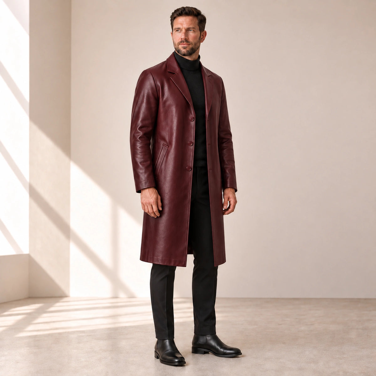 Idris men's burgundy long leather coat, left three-quarter view on model