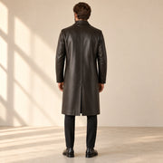 Idris men's chocolate brown long leather coat, back view on model