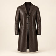 Idris men's chocolate brown long leather coat, isolated product front