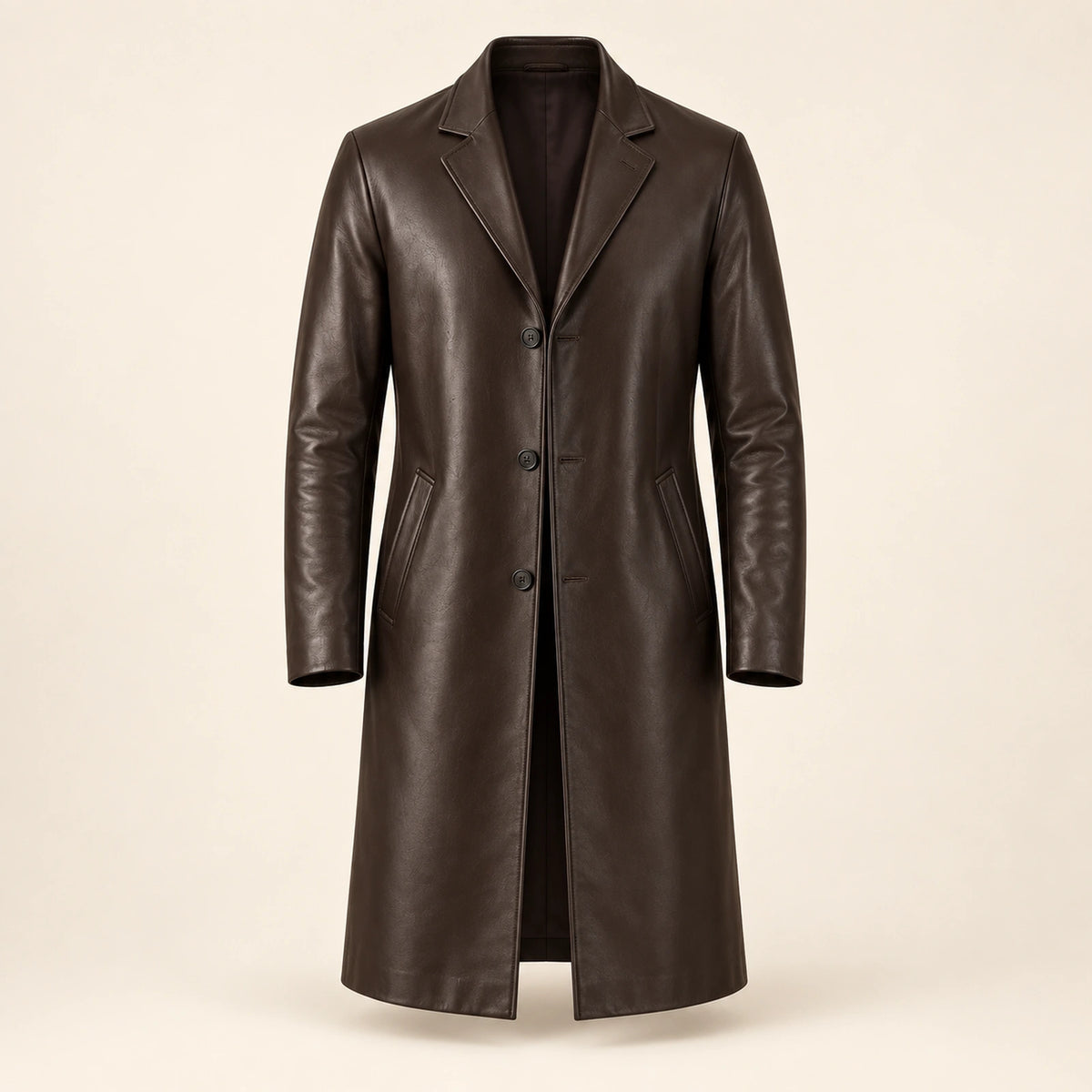 Idris men's chocolate brown long leather coat, isolated product front