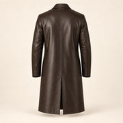 Idris men's chocolate brown long leather coat, isolated product back