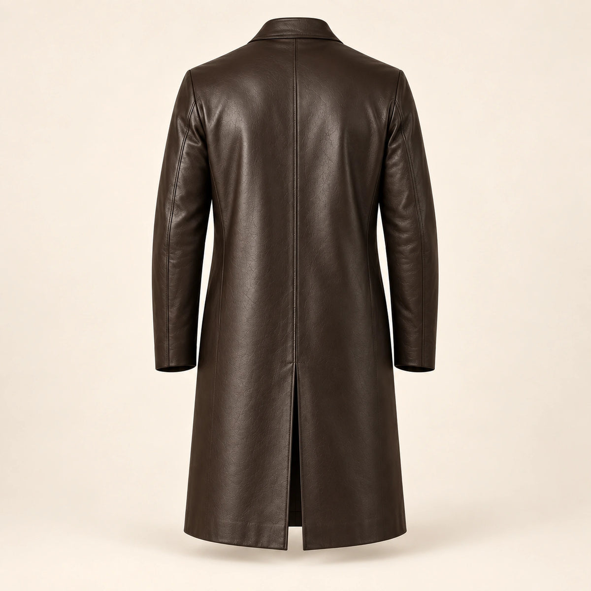 Idris men's chocolate brown long leather coat, isolated product back