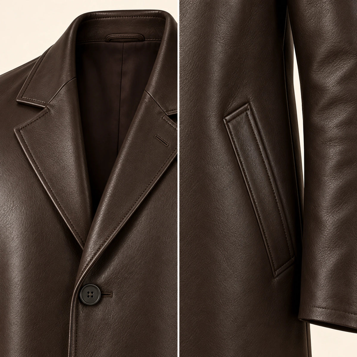 Idris men's chocolate brown long leather coat, notch lapel and welt pocket close-up