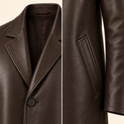Idris men's chocolate brown long leather coat, notch lapel and welt pocket close-up