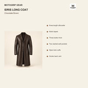 Idris men's chocolate brown long leather coat, illustrated key construction features