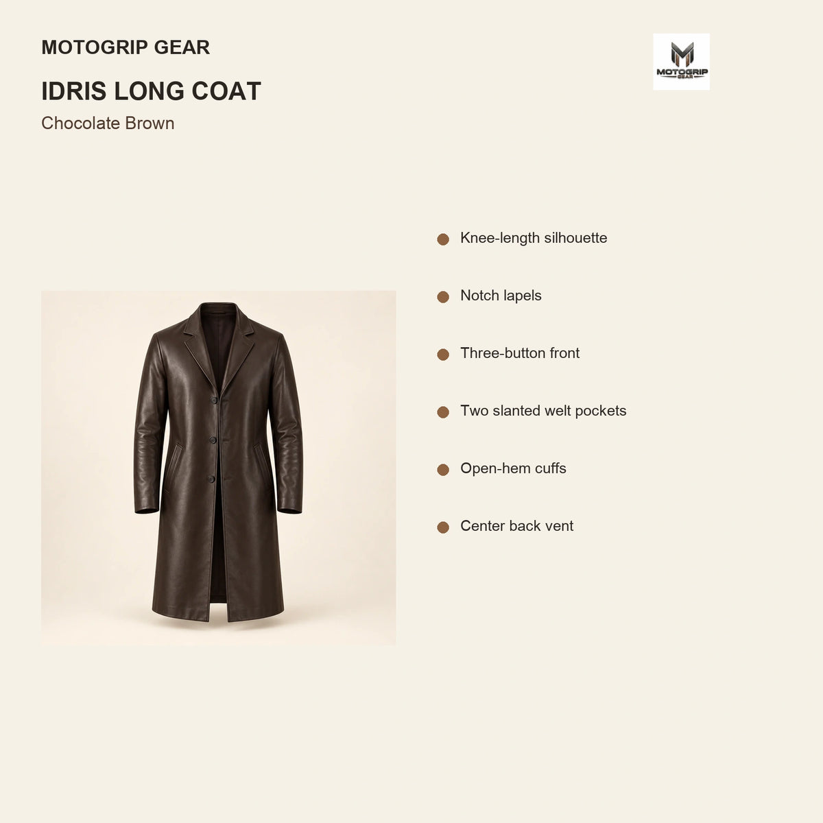 Idris men's chocolate brown long leather coat, illustrated key construction features