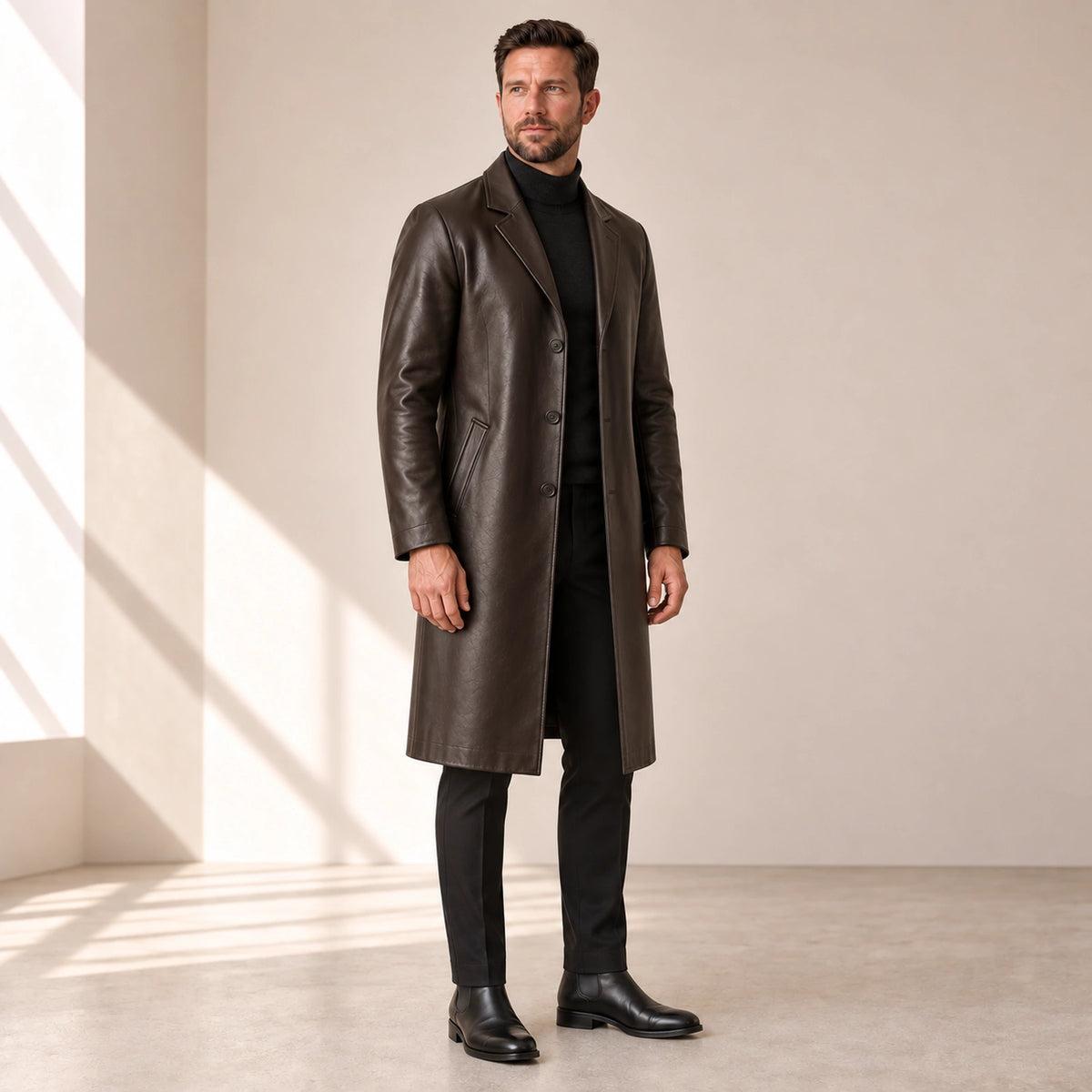 Idris men's chocolate brown long leather coat, left three-quarter view on model