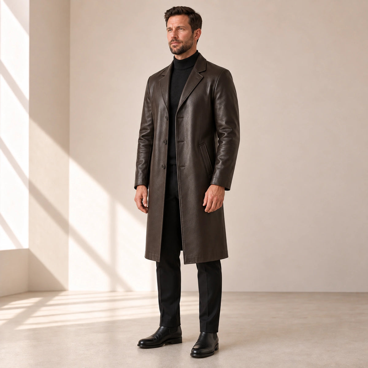 Idris men's chocolate brown long leather coat, right three-quarter view on model