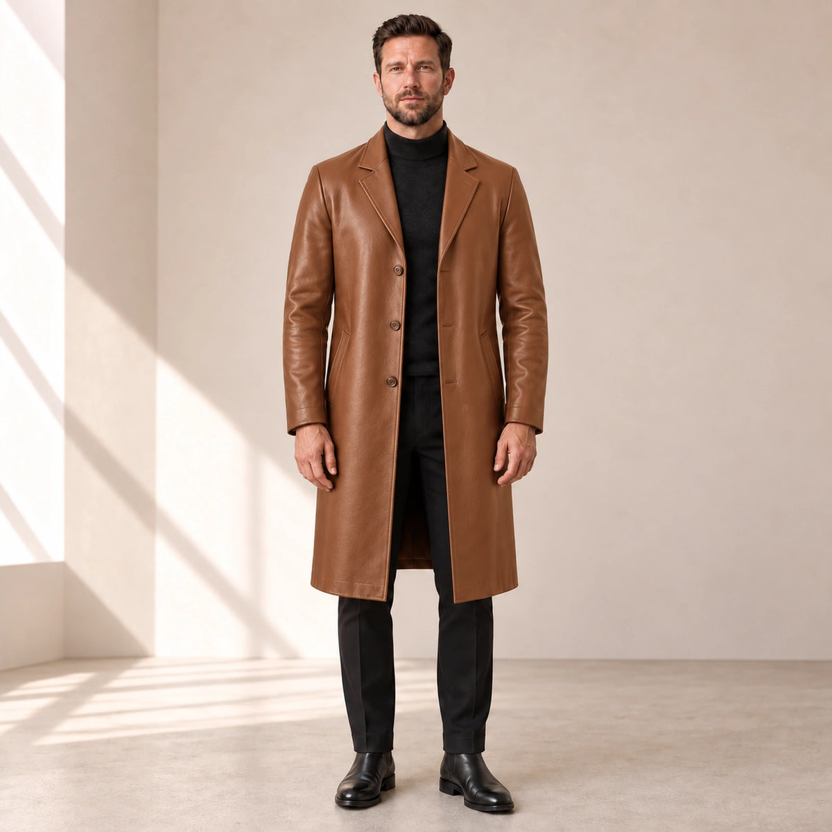 Idris men's tan long leather coat, front view on model