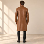 Idris men's tan long leather coat, back view on model