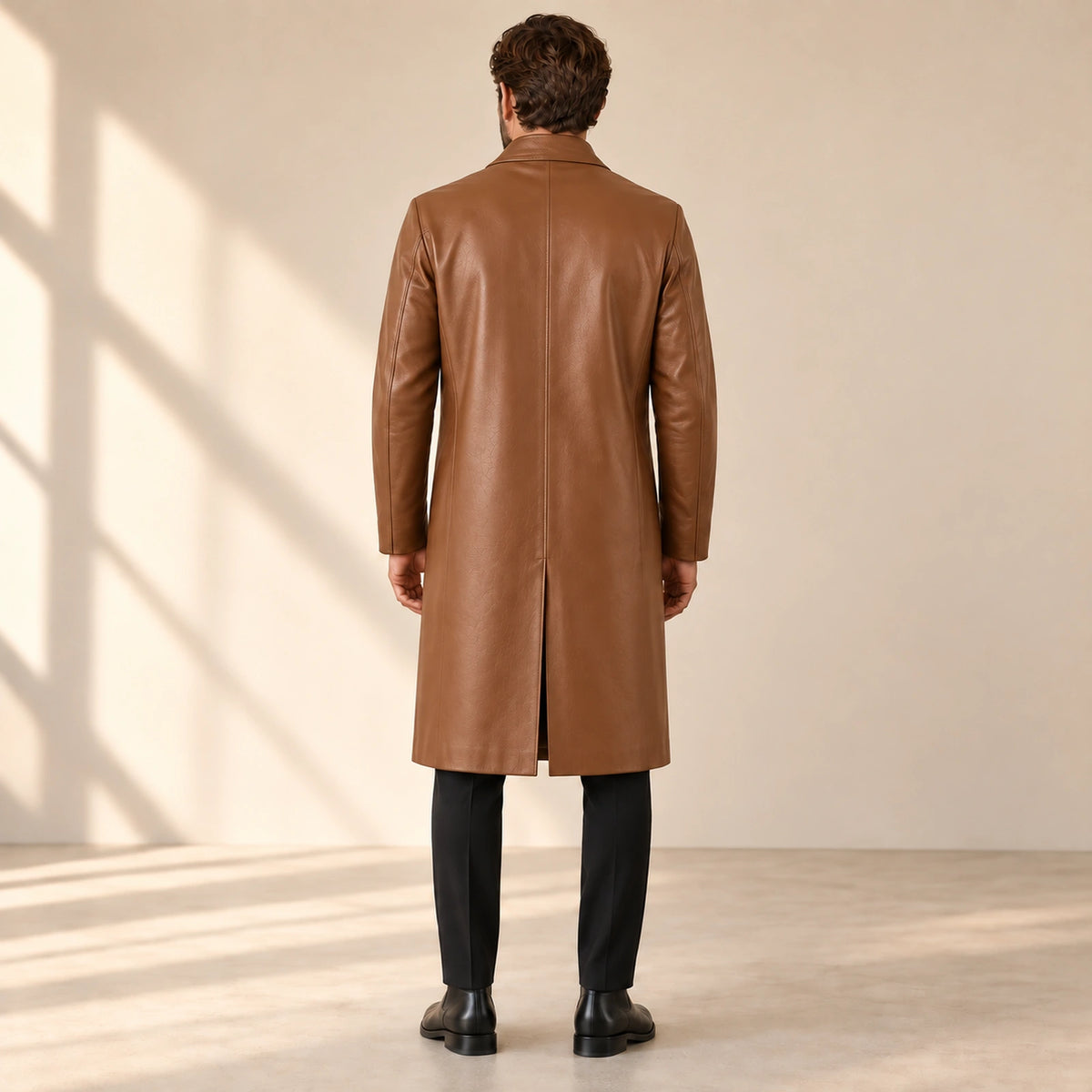 Idris men's tan long leather coat, back view on model