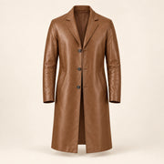 Idris men's tan long leather coat, isolated product front