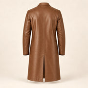 Idris men's tan long leather coat, isolated product back