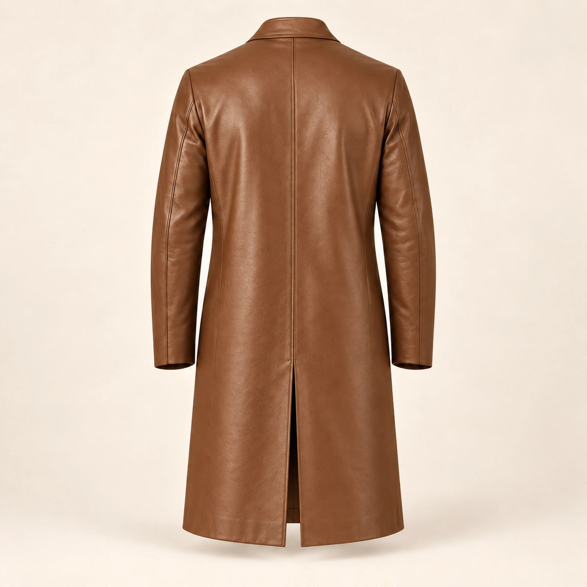 Idris men's tan long leather coat, isolated product back