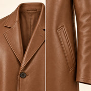 Idris men's tan long leather coat, notch lapel and welt pocket close-up